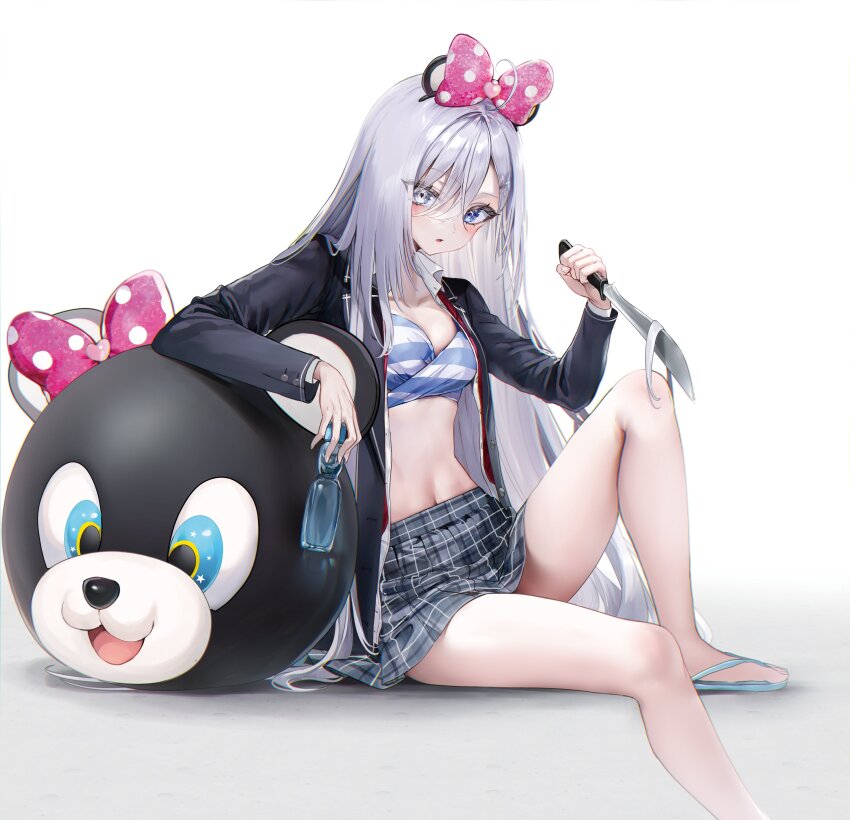 1girl absurdres animal_ears bare_legs black_jacket black_skirt blue_eyes blue_shirt bottle bow breasts cover cover_image crop_top eyes_visible_through_hair fake_animal_ears feet_out_of_frame hair_bow hairband hand_up highres holding holding_sword holding_weapon jacket knee_up long_hair long_sleeves looking_at_viewer medium_breasts midriff miniskirt navel nekometaru official_art open_clothes open_jacket open_mouth plaid_clothes plaid_skirt pleated_skirt reverse_grip shibou_yuugi_de_meshi_o_kuu shirt sitting skirt solo stomach striped_clothes striped_shirt sword thighs very_long_hair water_bottle weapon white_hair yuuki_(shibou_yuugi)