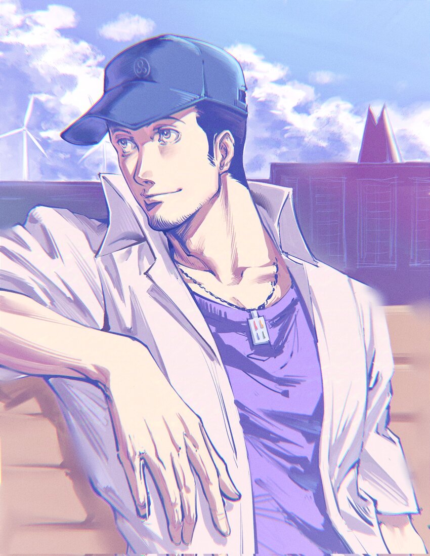 1boy baseball_cap black_hair blue_hat blue_undershirt blurry closed_mouth collared_shirt commentary depth_of_field facial_hair gekkoukan_high_school_uniform goatee_stubble hat highres iori_junpei jewelry looking_afar male_focus necklace oldkin on_bench open_clothes open_shirt persona persona_3 school_uniform shirt short_hair smile solo stubble symbol-only_commentary white_shirt
