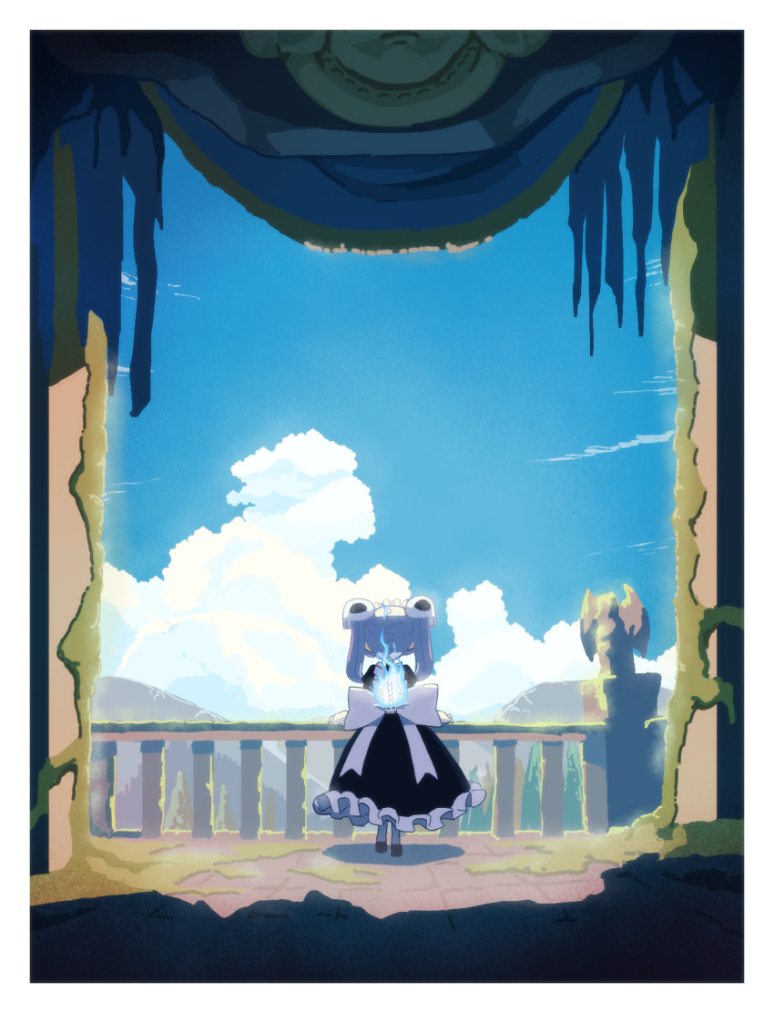 1girl apron balcony bloody_marie_(skullgirls) blue_sky border cloud day dress frilled_apron frilled_dress frills from_behind from_inside grey_hair hair_ornament highres kuroirozuki leaning_against_railing maid_headdress mary_janes moss mountain mountainous_horizon outdoors pantyhose pine_tree railing ruins shadow shoes skull_hair_ornament skullgirls sky solo statue sunlight tree twintails