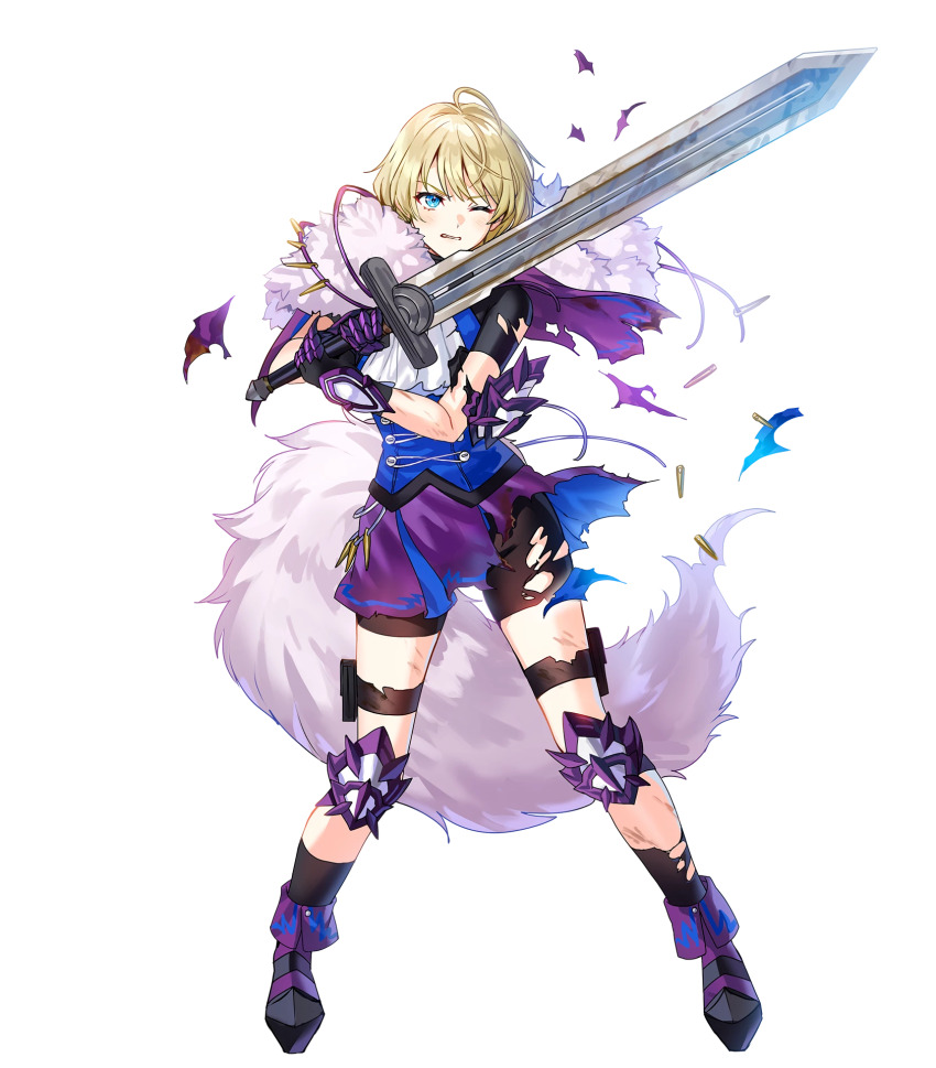 1girl ahoge black_gloves blonde_hair blue_eyes clenched_teeth damaged fake_tail fighting_stance fire_emblem fire_emblem_engage fire_emblem_heroes gloves highres knee_guards merrin_(fire_emblem) nintendo non-web_source one_eye_closed pelt purple_footwear purple_skirt short_hair shorts shorts_under_skirt skirt solo tail teeth torn_clothes wolf_tail
