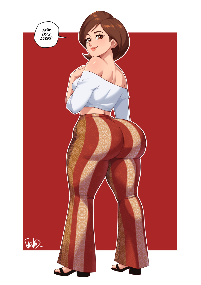 1girl absurdres ass ass_focus bare_shoulders bell-bottoms brown_eyes brown_hair english_text forbidden_pants full_body helen_parr highres looking_at_viewer looking_back meme_attire pants parvad print_pants shirt short_hair solo speech_bubble standing the_incredibles white_shirt