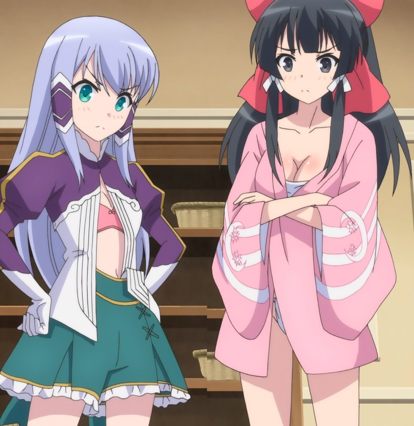 2girls anime_screenshot black_eyes black_hair bow bra breasts cleavage collarbone crossed_arms else_shileska female_focus frills gloves green_eyes hair_bow hair_tubes hands_on_own_hips highres indoors isekai_wa_smartphone_to_tomo_ni. japanese_clothes kokonoe_yae long_hair long_sleeves medium_breasts multiple_girls navel pink_bra puffy_sleeves red_bow serious small_breasts standing stitched third-party_edit unbuttoned underwear white_gloves wide_sleeves