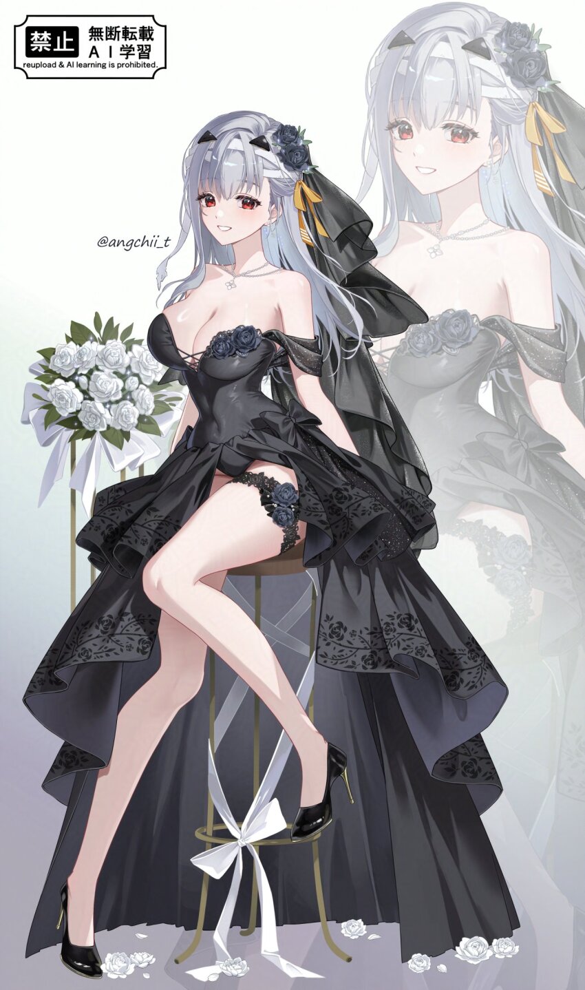 1girl alternate_costume angchi bandaged_head bandages black_dress black_flower bouquet dress flower full_body goddess_of_victory:_nikke hair_flower hair_ornament highres holding holding_bouquet jewelry modernia_(nikke) necklace solo white_flower
