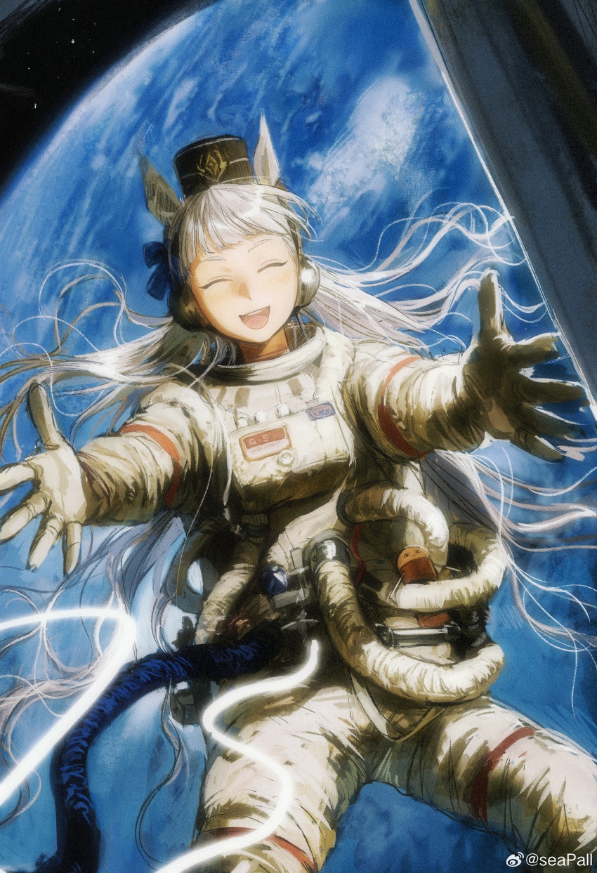 1girl absurdres alternate_costume animal_ears astronaut blush chinese_commentary closed_eyes commentary_request earth_(planet) facing_viewer floating floating_hair glowing_rope gold_ship_(umamusume) highres horse_ears horse_girl in_orbit long_hair open_mouth outstretched_arms pillbox_hat planet seapall smile solo space spacesuit umamusume watermark weibo_watermark white_hair zero_gravity