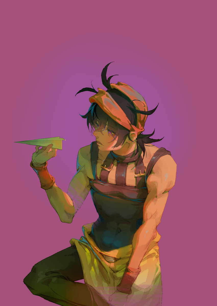 1boy absurdres arm_warmers bare_shoulders black_hair black_pants cowboy_shot daccel dorsiflexion_(wrist) eyes_visible_through_hair hair_between_eyes headband highres holding holding_paper_airplane jojo_no_kimyou_na_bouken looking_at_object male_focus medium_hair messy_hair muscular muscular_male narancia_ghirga negative_space orange_arm_warmers orange_headband orange_skirt overskirt pants paper_airplane parted_lips pink_background pink_eyes skirt solo vento_aureo