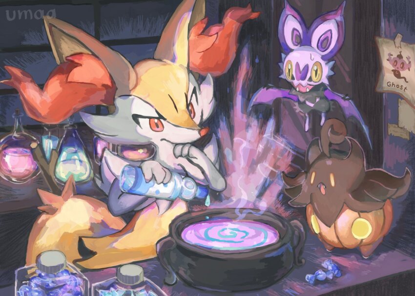 bottle braixen cauldron closed_mouth commentary_request furry gen_6_pokemon highres holding holding_bottle indoors nintendo noibat oisisabatugun open_mouth orange_eyes phantump pokemon pokemon_(creature) poster_(object) potion pumpkaboo rare_candy sweat yellow_eyes