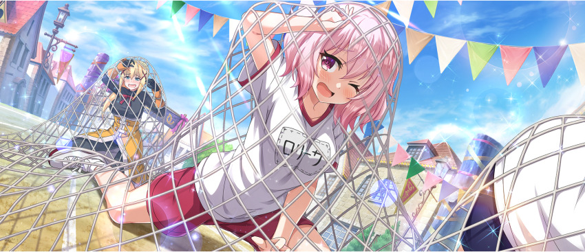 3girls arm_up black_bodysuit black_gloves blonde_hair blue_eyes blue_shorts blue_sky blush bodysuit breasts building collarbone darkness_(konosuba) day demon_girl furrowed_brow game_cg gloves gym_shirt gym_uniform hair_between_eyes hair_ornament highres komekko kono_subarashii_sekai_ni_shukufuku_wo! konosuba!_fantastic_days large_breasts long_hair masochism medium_breasts multiple_girls name_tag neck_ribbon net no_tail no_wings nose_blush official_alternate_costume official_art on_ground one_eye_closed open_mouth outdoors pink_eyes pink_hair ponytail red_ribbon red_shorts ribbon shinjin_succubus_(konosuba) shirt short_hair short_shorts short_sleeves shorts sidelocks sky sports_festival sunlight underbust wavy_hair white_shirt x_hair_ornament