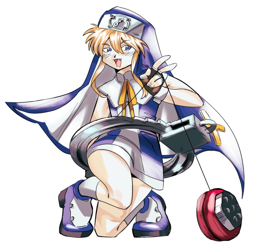 1boy absurdres androgyne_symbol blonde_hair blue_eyes bridget_(guilty_gear) cross crossdressing crossdressing_(mtf) cuffs fingerless_gloves gloves guilty_gear guilty_gear_xx handcuffs highres hood kneeling male_focus nun peace_symbol shoes tom_(p12mies) trap yo-yo