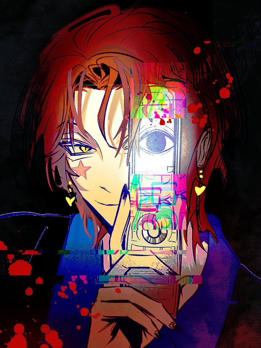 1boy black_background black_jacket blue_shirt cellphone collared_shirt facial_mark flip_phone grose hair_between_eyes highres hisoka_morow holding holding_phone hunter_x_hunter illumi_zoldyck jacket male_focus parted_bangs phone red_hair shirt short_hair solo upper_body yellow_eyes