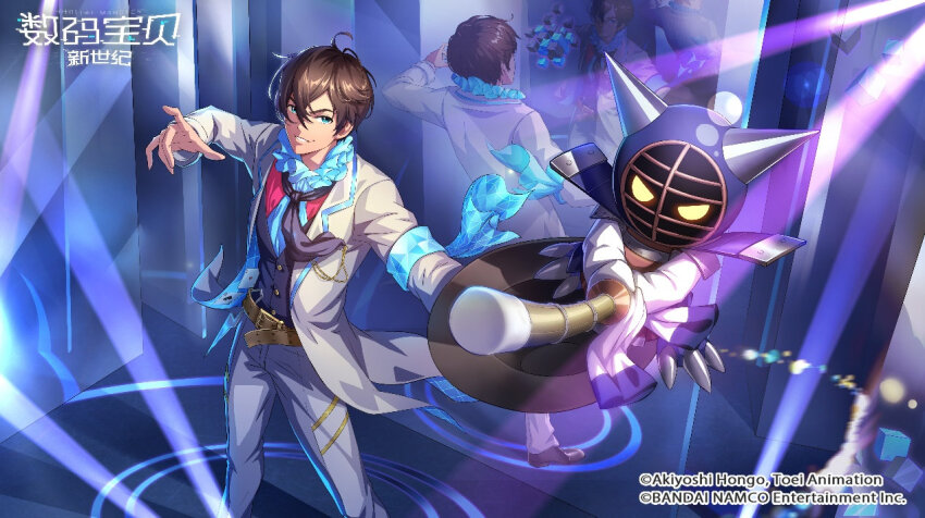 belt digimon digimon_new_century formal_clothes horns kotemon official_art scarf short_hair suit sword tokumori_katsuhiro weapon wooden_sword yellow_eyes