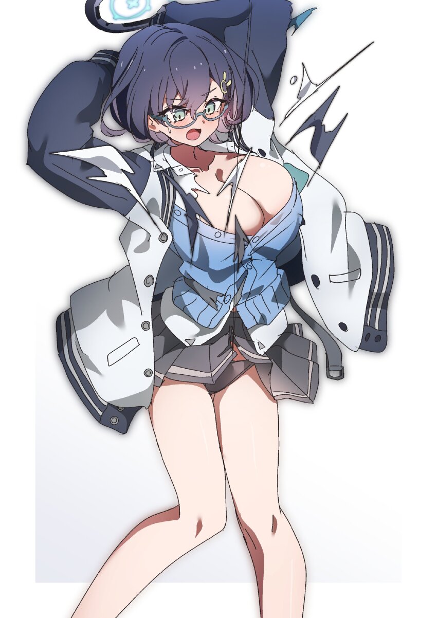 1girl absurdres black_halo black_jacket black_panties black_skirt blue_archive blue_cardigan blue_hair blush bomber_jacket breasts cardigan chihiro_(blue_archive) cleavage collarbone exploding_clothes glasses green_eyes hair_between_eyes hair_ornament hairclip halo highres jacket large_breasts mechanical_halo multicolored_jacket open_mouth panties semi-rimless_eyewear shirt short_hair skirt solo thighs to_(tototo_tk) underwear wardrobe_malfunction white_jacket white_shirt