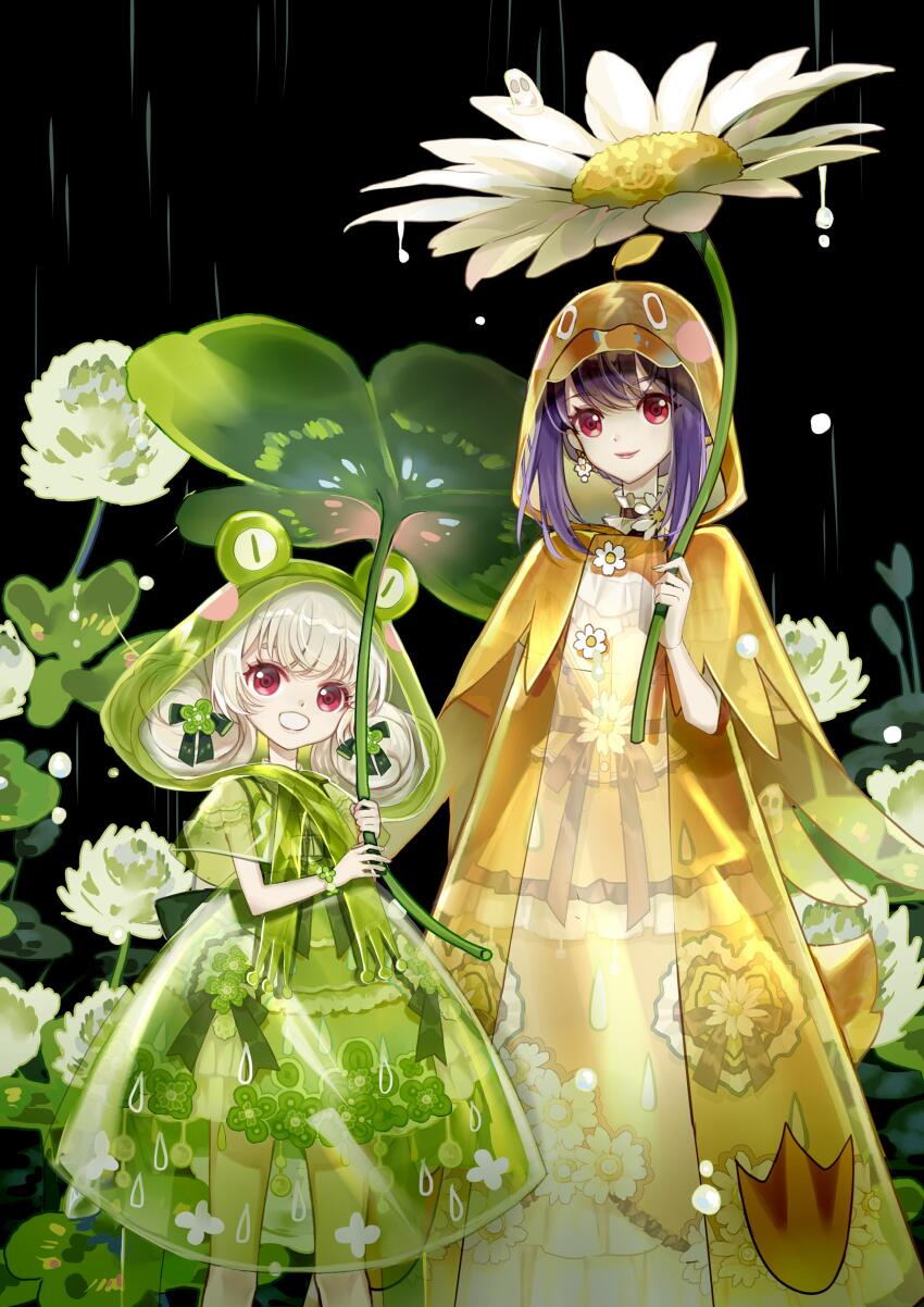 2girls :d absurdres animal_costume ankle_boots bare_arms bcy beret black_background boots bow bracelet braid brown_ribbon clover_hair_ornament clover_print collared_shirt daisy_(flower) dress dress_bow duck_costume floral_print flower flower_bracelet flower_umbrella french_braid frilled_dress frills frog_costume frog_hair_ornament frog_raincoat full_body green_bow green_dress green_footwear grey_hair hair_ornament hat hat_flower highres holding holding_flower holding_leaf hood hood_up jewelry knee_boots leaf leaf_umbrella long_dress low_twintails miao_jiujiu multiple_girls neck_ribbon open_mouth overall_skirt purple_hair rain raincoat red_eyes ribbon ruan_miemie rubber_boots see-through_clothes see-through_footwear see-through_raincoat shirt short_dress short_hair short_sleeves sidelocks smile standing twintails waist_ribbon water_drop white_shirt xialuo_yingling yellow_boots yellow_dress yellow_headwear yellow_nails yellow_raincoat