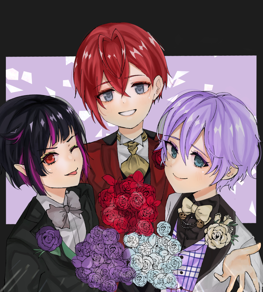 3boys ;p absurdres ascot black_suit blue_eyes bouquet bow bowtie corsage epel_felmier flower formal_clothes grey_bow grey_bowtie grey_eyes hair_between_eyes highres holding holding_bouquet lilia_vanrouge momo_030_(hongkong) multicolored_hair multiple_boys one_eye_closed plaid_clothes plaid_vest purple_flower purple_hair red_eyes red_flower red_suit riddle_rosehearts short_hair smile streaked_hair suit tongue tongue_out twisted_wonderland vest white_bow white_bowtie white_flower white_suit yellow_ascot
