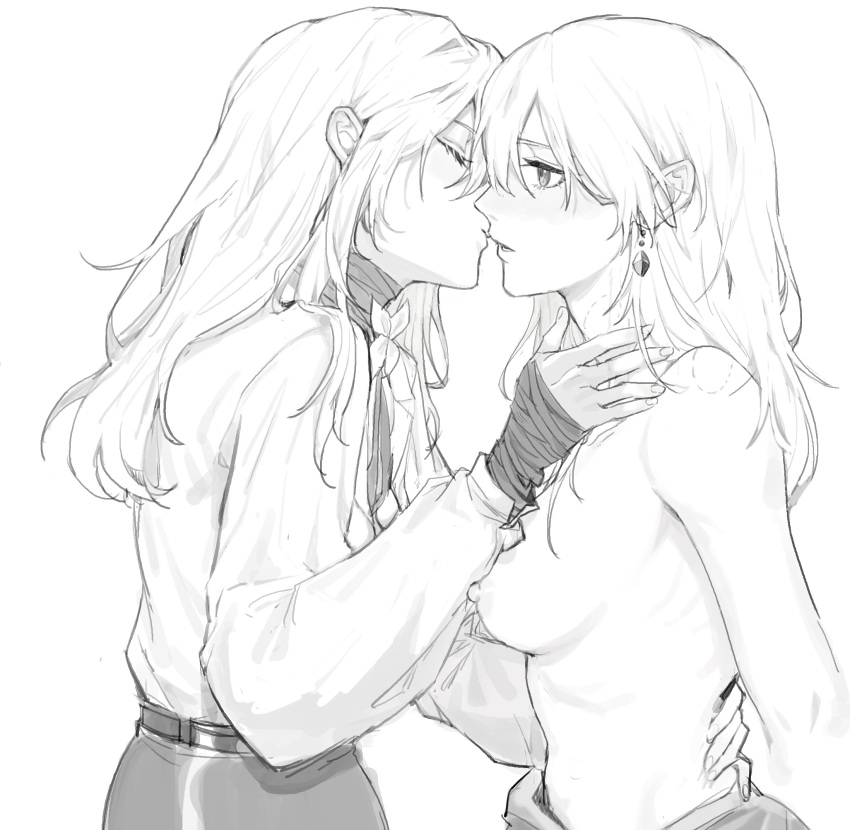 2girls bite_mark bite_mark_on_neck bite_mark_on_shoulder breasts character_request chief_(path_to_nowhere) closed_eyes commentary_request female_chief_(path_to_nowhere) highres kotori_(b-i-r-d) lower_teeth_only medium_breasts medium_hair multiple_girls nipples parted_lips path_to_nowhere teeth topless_female yuri