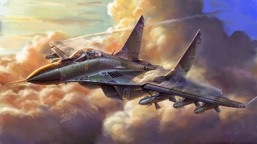 1boy absurdres aircraft airplane artist_name canopy_(aircraft) cloud commentary contrail dated english_commentary fighter_jet flying highres jeffholy mig-29 military_vehicle missile mixed-language_commentary original sky vehicle_focus