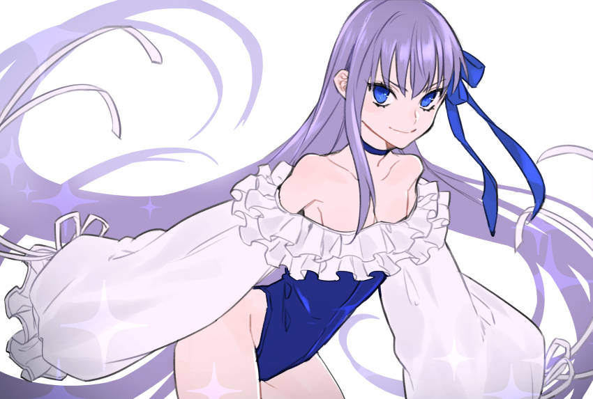 1girl absurdres bare_shoulders bent_over blue_choker blue_eyes blue_one-piece_swimsuit choker collarbone commentary_request fate/grand_order fate_(series) flat_chest frilled_one-piece_swimsuit frills hair_ribbon highleg highleg_one-piece_swimsuit highres long_hair long_sleeves meltryllis meltryllis_(fate) meltryllis_(swimsuit_lancer)_(fate) meltryllis_(swimsuit_lancer)_(second_ascension)_(fate) off-shoulder_one-piece_swimsuit off_shoulder one-piece_swimsuit puffy_long_sleeves puffy_sleeves purple_hair ribbon sleeves_past_fingers sleeves_past_wrists smile solo swimsuit tofu_(bean359) very_long_hair