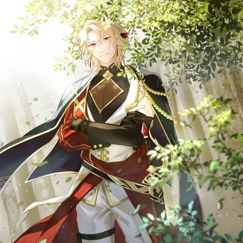 1029_kawa 1boy aiguillette black_cape black_gloves black_shirt blonde_hair breasts cape cleavage closed_mouth coat cowboy_shot crossed_arms curtained_hair cypar_(noctilucent) detached_sleeves ear_piercing earrings falling_leaves feather_hair_ornament feathers gloves gold_trim hair_between_eyes hair_ornament half_updo highres jacket jewelry leaf looking_at_viewer male_focus mandarin_collar medium_hair noctilucent:_before_dawn open_clothes open_coat pants partially_fingerless_gloves pectoral_cleavage pectorals piercing pouch red_coat red_eyes see-through_clothes see-through_cleavage shirt single_detached_sleeve single_sleeve sleeve_cuffs sleeveless sleeveless_jacket sleeveless_shirt smile solo standing sunlight thigh_pouch tree white_jacket white_pants
