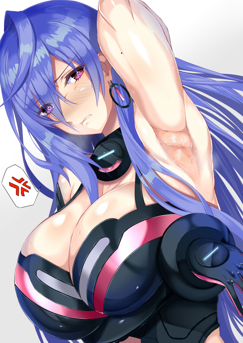 absurdres anger_vein armpit_focus armpits breasts highres ill_(0022) iris_heart kami_jigen_game_neptune_v large_breasts neptune_(series) presenting_armpit purple_hair red_eyes smelly_armpits spoken_anger_vein steaming_body sweat symbol-shaped_pupils