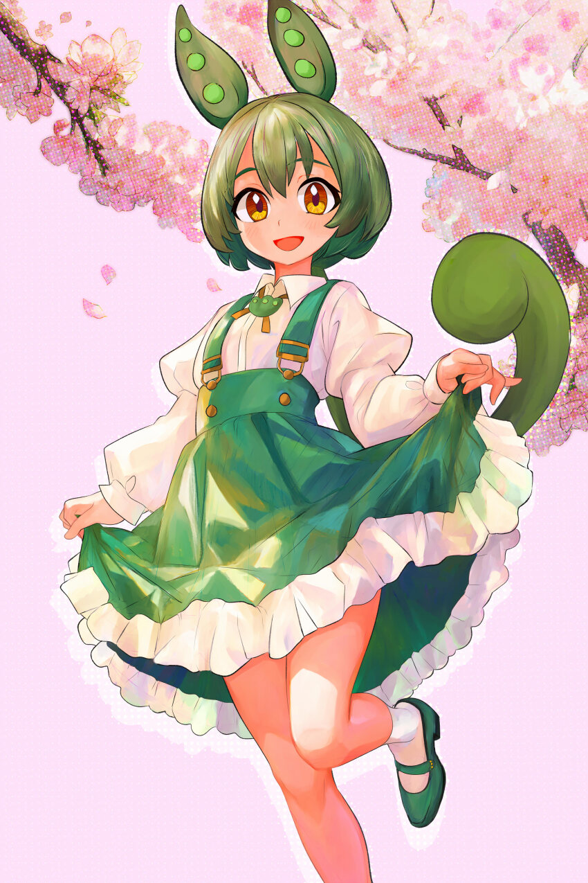 1girl :d absurdres animal_ears branch cherry_blossoms collared_shirt curtsey frilled_skirt frills green_hair green_shoes green_skirt high-waist_skirt highres juliet_sleeves legs long_sleeves looking_at_viewer mary_janes ojou-sama_zundamon open_mouth orange_eyes ponytail puffy_sleeves shirt shoes short_hair_with_long_locks skirt smile socks solo standing standing_on_one_leg suspender_skirt suspenders tail tsukiyono_aroe voicevox white_background white_shirt zundamon