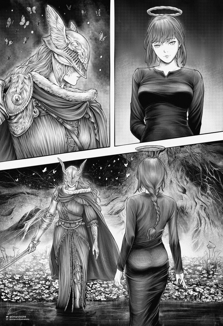 2girls absurdres amputee armor artist_name ass blood blood_halo braid braided_ponytail bug butterfly cape chainsaw_man comic covered_eyes crossover dress elden_ring flower greyscale halo helmet helmet_over_eyes highres holding holding_sword holding_weapon insect instagram_logo instagram_username liquid_halo long_hair looking_at_viewer makima_(chainsaw_man) malenia_blade_of_miquella marvin_(omarvin) monochrome multiple_girls prosthesis prosthetic_arm prosthetic_leg ringed_eyes sidelocks signature standing sword tree triple_amputee twitter_logo twitter_username weapon winged_helmet
