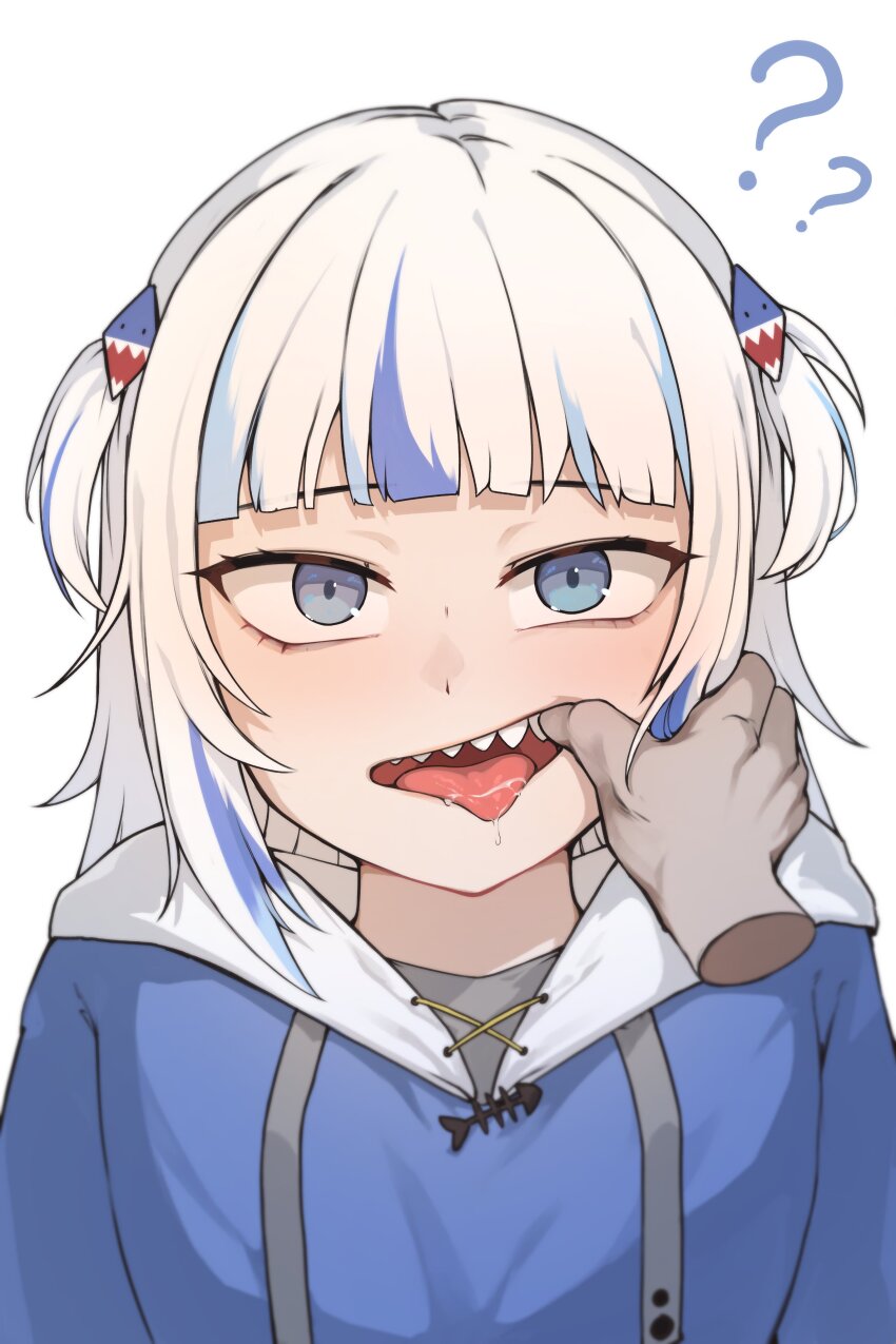 1girl ? ?? absurdres animal_costume animal_hood blue_eyes blue_hair blue_hoodie blunt_bangs blush disembodied_hand gawr_gura gawr_gura_(1st_costume) grey_hair hair_ornament highres hololive hololive_english hood hoodie iver_(reviolet) long_hair looking_at_viewer multicolored_hair open_mouth saliva shark_costume shark_girl shark_hair_ornament shark_hood sharp_teeth solo streaked_hair teeth thumb_to_mouth tongue tongue_out two_side_up virtual_youtuber