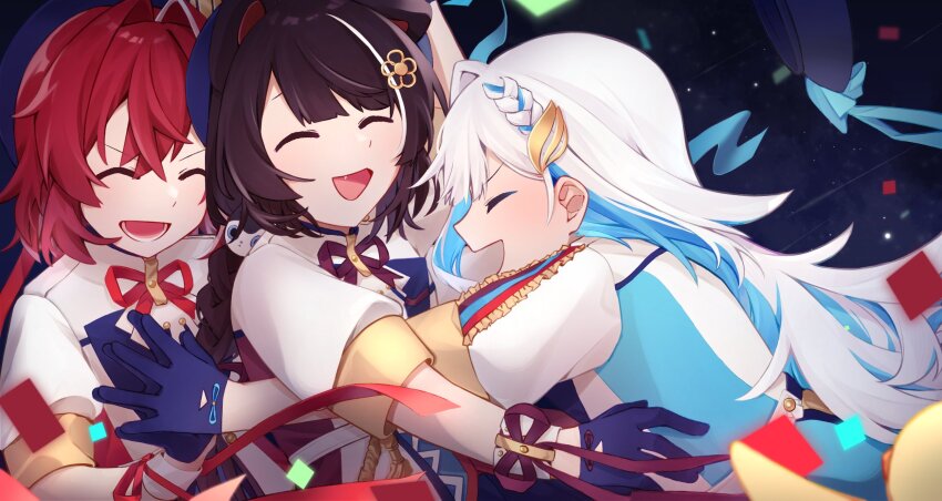 3girls :d ^_^ ange_katrina animal_ears animal_hair_ornament beret blue_background blue_gloves blue_hair blue_hat blue_ribbon braid brown_hair closed_eyes colored_inner_hair commentary crossed_bangs dog_ears fang gloves group_hug hair_intakes hair_ornament hand_on_another&#039;s_hand hat hat_ribbon highres hug inui_toko jacket light_particles lize_helesta long_hair low-braided_long_hair low-tied_long_hair lower_teeth_only multicolored_hair multiple_girls neck_ribbon nijisanji open_mouth palms_together puffy_short_sleeves puffy_sleeves purple_ribbon red_hair red_ribbon ribbon sanbaka_(nijisanji) sanbaka_anniversary_outfit short_hair short_sleeves single_hair_intake slime_(kuha_le) smile streaked_hair swept_bangs symbol-only_commentary teeth two-tone_hair unworn_hat unworn_headwear v-shaped_eyebrows very_long_hair virtual_youtuber white_hair white_jacket white_wrist_cuffs wrist_cuffs wrist_ribbon