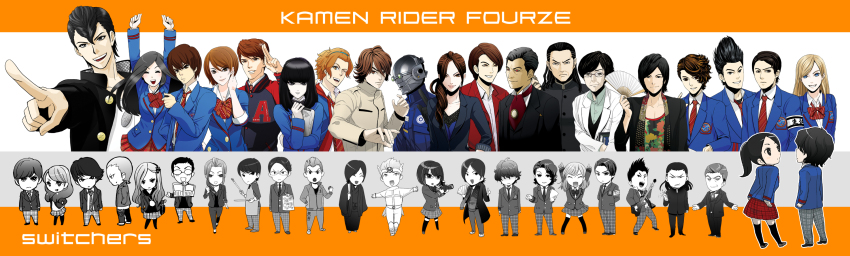 6+boys 6+girls ^_^ armband arms_behind_back arms_up astro_switch bag black_hair blonde_hair blue_eyes book bookbag bow brown_eyes brown_hair camera copyright_name cross crushing daimonji_shun dual_persona eguchi_norio emoto_kuniteru everyone closed_eyes hand_fan fighting_stance flower folding_fan gamou_mitsuaki glasses goto_toujiro grey_eyes grin guitar hair_flower hair_ornament hair_over_eyes hairband hayami_kouhei headband helmet highres instrument ipad jacket jersey jewelry jk_(kamen_rider_fourze) joujima_yuuki kamen_rider kamen_rider_fourze_(series) kazashiro_miu kijima_natsuji kisaragi_gentarou kuroki_ran kusao_haru long_hair long_image makise_hiroki miura_toshiya motoyama_soushi multiple_boys multiple_girls necktie nitta_fumihiro nomoto_jin nonomura_kimio nozama_tomoko ohmura one_eye_closed oomura_(issgraph) open_mouth outstretched_arms paintbrush pantyhose paper pendant pointing pointing_up ponytail red_eyes robe sakuma_tamae sakuta_ryuusei satake_teruhiko scarf school_uniform scowl short_hair smile smirk sonoda_sarina suda_erin sugiura_yuuta tablet_pc tachibana_(kamen_rider_fourze) tatsugami_kou thighhighs tokuda_yayoi track_suit usaka_ritsuko utahoshi_kengo wide_image wink yamada_tatsumori