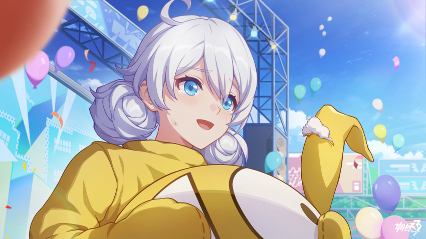 1girl :d balloon blue_eyes blue_sky cloud cowlick day double_bun game_cg hair_bun happy_tears highres holding_mascot_head honkai_(series) honkai_impact_3rd kiana_kaslana mascot_costume official_art open_mouth outdoors sky smile solo tears upper_body white_hair
