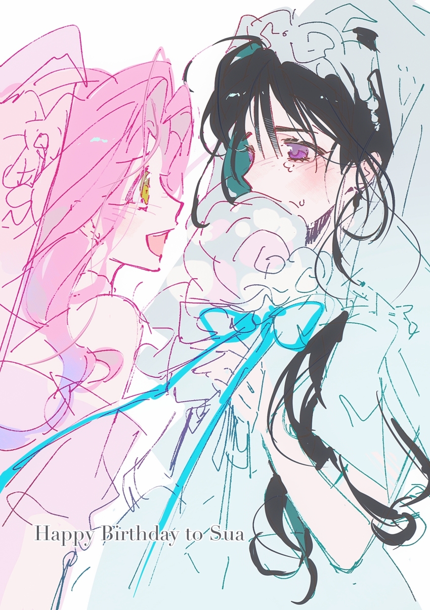 2girls absurdres alien_stage birthday black_hair blush bouquet bridal_veil bride character_name crescent dress english_text female_focus flower happy_birthday highres holding holding_bouquet humi_humi looking_at_another mizi_(alien_stage) multiple_girls open_mouth pink_hair pink_veil purple_eyes sketch smile sua_(alien_stage) tears veil wedding wedding_dress white_veil wife_and_wife yellow_eyes yuri