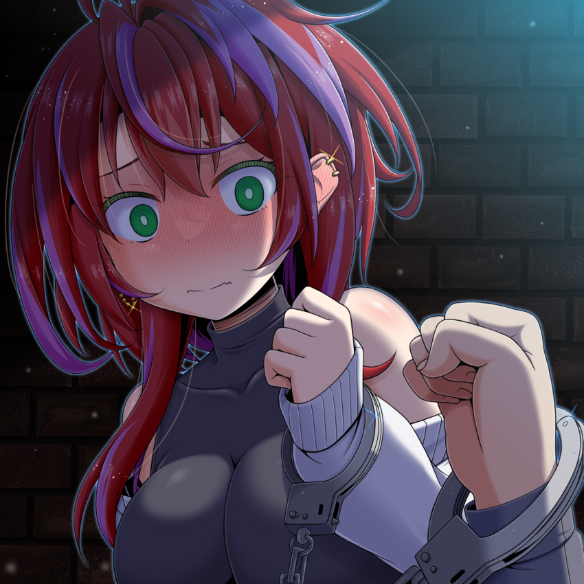1girl 1other akane_canna alternate_costume black_shirt blush breasts brick_wall closed_mouth commentary_request cuffs ear_blush earrings green_eyes grey_sweater handcuffs highres impossible_clothes impossible_shirt jewelry large_breasts long_hair long_sleeves looking_at_viewer miso_panda multicolored_hair multiple_earrings nanashi_inc. nose_blush pov pov_hands purple_hair red_hair shirt sleeveless sleeveless_shirt solo_focus streaked_hair sweater two-tone_hair upper_body virtual_youtuber