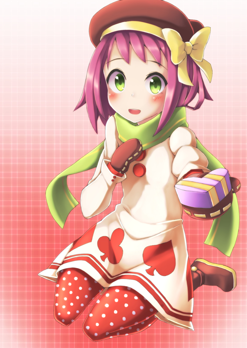1girl blush bow box buttons capcom child club_(weapon) female_focus gift gift_box green_eyes heart highres kneeling looking_at_viewer mega_man_(series) mega_man_star_force_(series) misaki_yuuma mittens open_mouth patterned patterned_background polka_dot polka_dot_legwear purple_hair ribbon scarf shoes short_hair solo solo_focus sonia_strumm_(mega_man) spade
