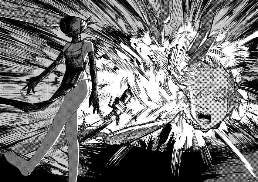 1boy 1girl absurdres apron bakugou_katsuki blood boku_no_hero_academia bomb_devil_(chainsaw_man) chainsaw_man commentary crossover death decapitation dynamite elbow_gloves english_commentary explosion explosive gloves greyscale highres kizuru09 monochrome object_head open_mouth severed_head