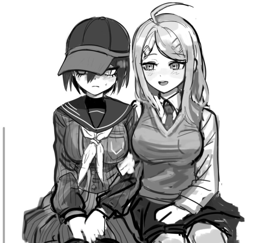 2girls :d ahoge akamatsu_kaede blush breasts buttons danganronpa_(series) danganronpa_v3:_killing_harmony fortissimo frown genderswap genderswap_(mtf) greyscale hair_ornament hat highres large_breasts long_hair long_sleeves monochrome multiple_girls musical_note musical_note_hair_ornament neckerchief nuns197 open_mouth pleated_skirt saihara_shuichi sailor_collar simple_background skirt smile striped_clothes striped_skirt sweatdrop sweater_vest teeth upper_teeth_only