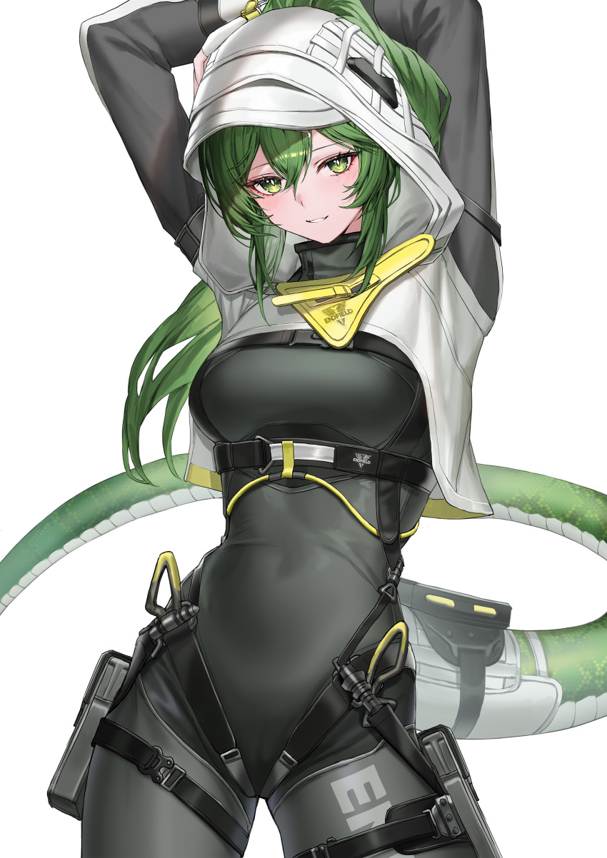 1girl absurdres arknights arknights:_endfield arms_up black_bodysuit bodysuit breasts commentary cowboy_shot endfield_industries_logo fluorite_(arknights) green_eyes green_hair hair_between_eyes hair_through_hood highres hood hooded_shrug impossible_bodysuit impossible_clothes long_hair looking_at_viewer medium_breasts molyb parted_lips ponytail shrug_(clothing) simple_background smile snake_tail solo symbol-only_commentary tail white_background white_shrug