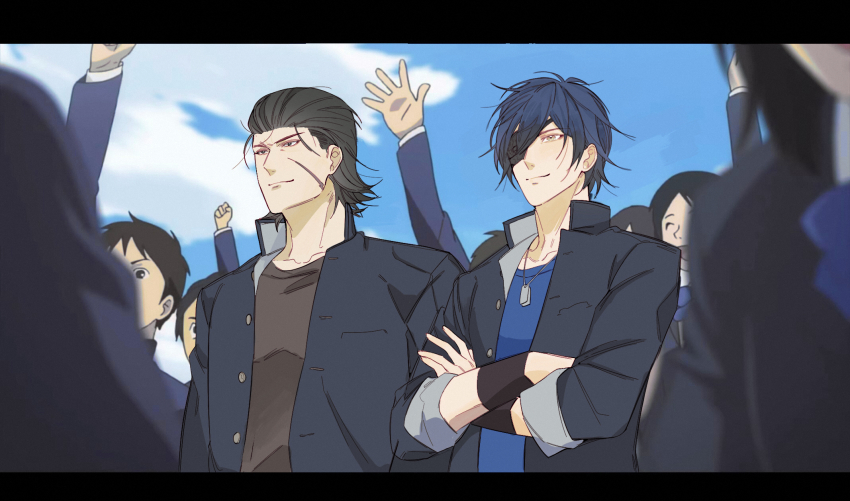 2boys 6+others blue_hair blue_shirt brown_eyes brown_hair brown_shirt crossed_arms date_masamune_(sengoku_basara) dog_tags eyepatch facial_scar gakuen_basara gakuran hair_between_eyes highres hikatwinkle jewelry katakura_kojuurou_(sengoku_basara) letterboxed looking_ahead male_focus multiple_boys multiple_others necklace out_of_frame scar scar_on_cheek scar_on_face school_uniform sengoku_basara shirt smile upper_body yellow_eyes