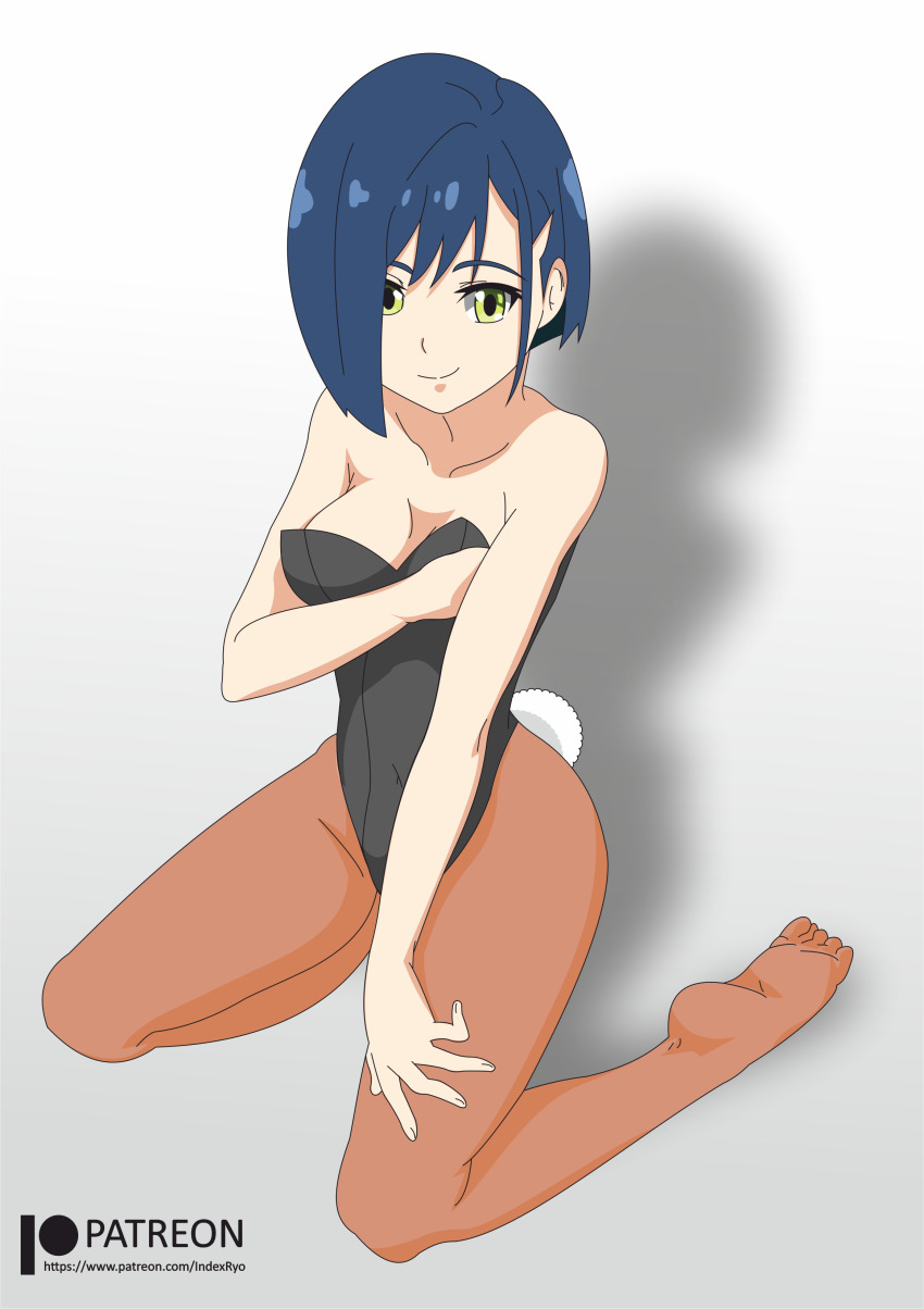absurdres animal_costume blue_hair breasts darling_in_the_franxx green_eyes highres ichigo_(darling_in_the_franxx) indexryo large_breasts rabbit_costume rabbit_tail short_hair smile
