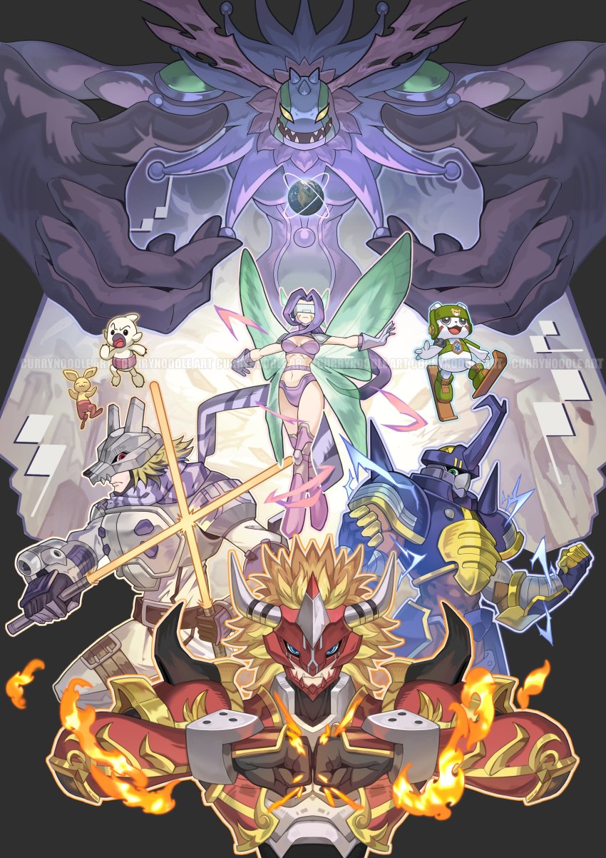 00s 1girl 6+boys absurdres agnimon armor bikini black_background blitzmon bokomon boots breasts chackmon cherubimon cherubimon_(vice) cleavage covered_eyes currynoodle_art curvy digimon digimon_(creature) digimon_frontier electricity everyone fairimon fairy fairy_wings green_eyes highres holding holding_weapon horn kumamon long_hair medium_breasts monster_girl multiple_boys neamon pink_boots red_eyes sharp_teeth smile swimsuit teeth weapon wide_hips wings wolfmon