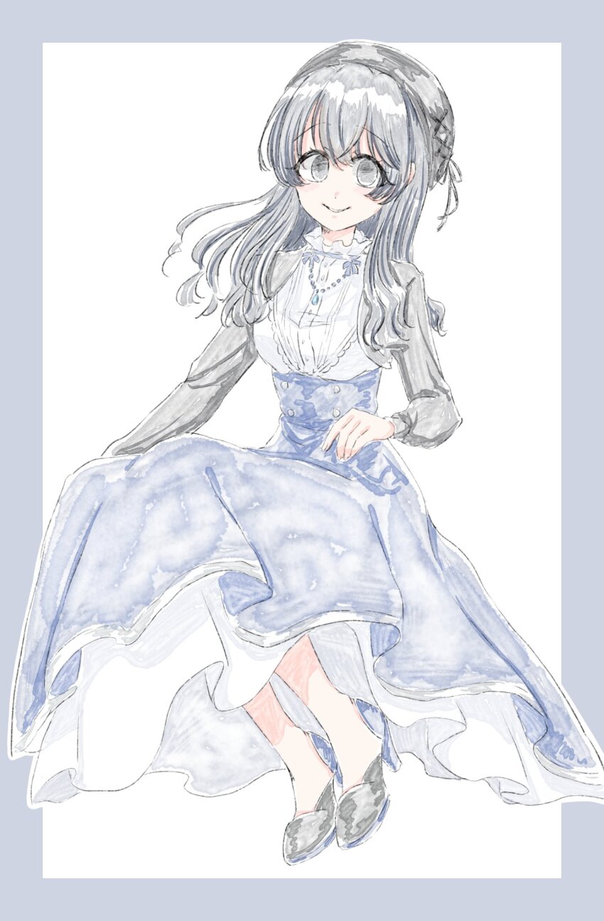 1girl bead_necklace beads black_eyes black_hair black_hat black_shrug blue_skirt border empty_eyes full_body grey_border hat high-waist_skirt high_heels highres jewelry kikka_1003 kimi_no_koto_ga_dai_dai_dai_dai_daisuki_na_100-nin_no_kanojo light_blush long_hair long_skirt necklace parted_lips shirt shrug_(clothing) sitting skirt solo white_shirt zetsubouda_meru