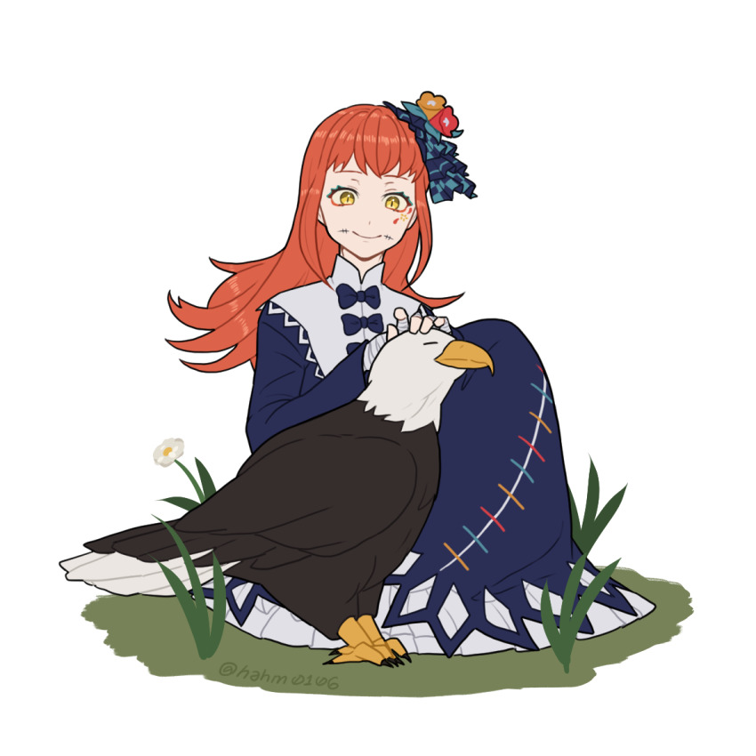 1girl 1other aqua_eyeshadow bandaged_arm bandaged_hand bandages bird eagle eyeshadow facial_mark fire_emblem fire_emblem_engage grass hahm0106 makeup nintendo orange_hair panette_(fire_emblem) petting short_bangs stitched_mouth stitches
