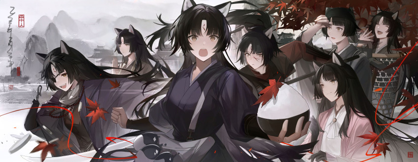 6+girls ^_^ absurdres animal_ears arknights arm_up autumn_leaves bead_necklace beads black_hair black_kimono blurry bowl brown_eyes brown_kimono chinese_commentary closed_eyes closed_mouth commentary_request day expressionless eyepatch facial_mark falling_leaves forehead_mark haori heisedejin highres holding holding_bowl incredibly_absurdres japanese_clothes jewelry kimono laughing leaf long_hair looking_ahead looking_at_viewer motion_blur multiple_girls necklace official_alternate_costume one_eye_covered open_mouth outdoors parted_bangs pink_haori rice rice_bowl saga_(arknights) saga_(there_they_be)_(arknights) scar scar_on_face short_hair smile white_kimono wind yellow_eyes
