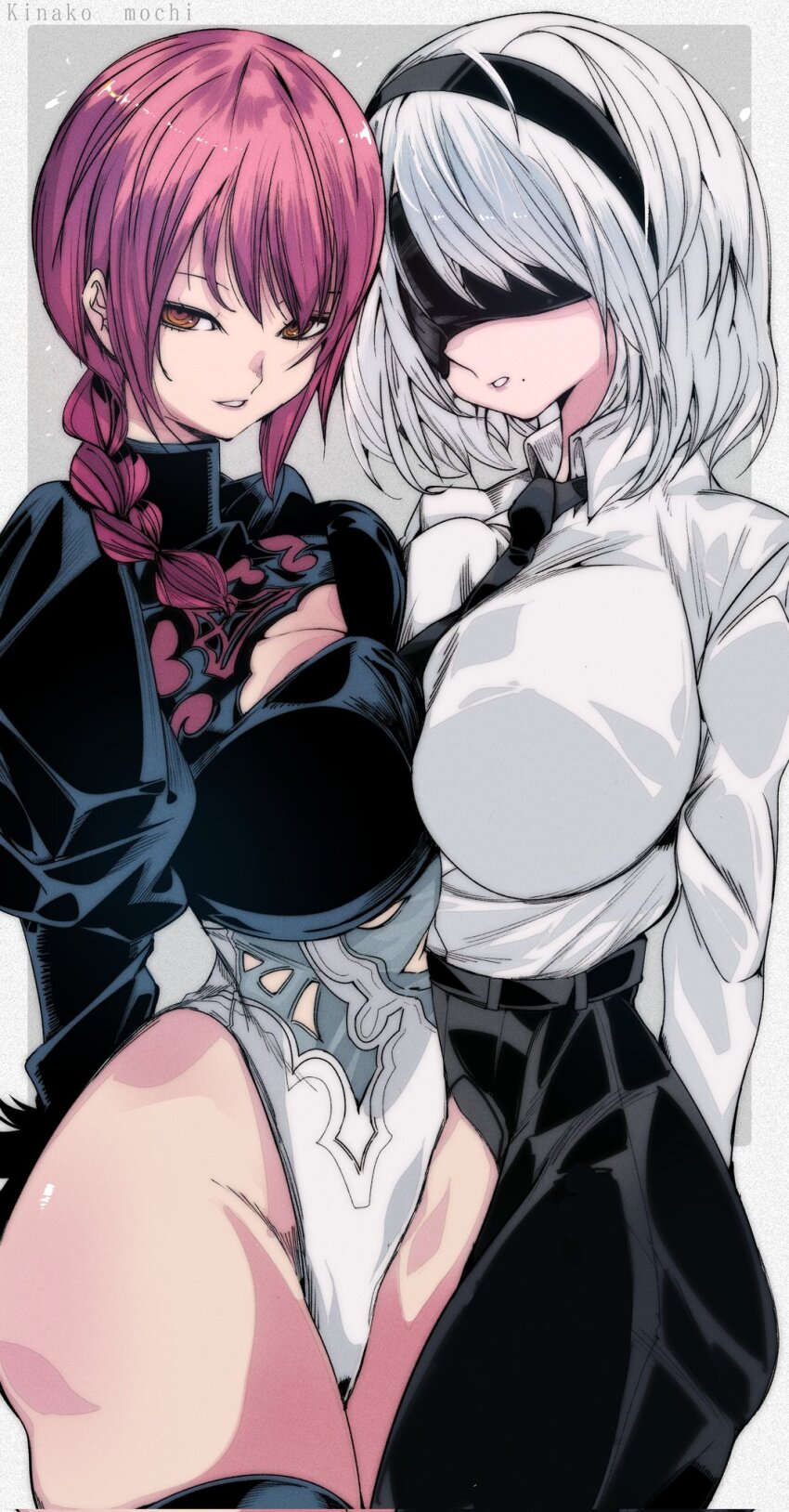 2b_(nier:automata) 2b_(nier:automata)_(cosplay) 2girls artist_name black_hairband black_leotard black_pants blindfold braid braided_ponytail breast_press breasts chainsaw_man clothing_cutout cosplay costume_switch crossover hairband highres huge_breasts kinakomochi_(user_vedc2333) large_breasts leotard long_sleeves looking_at_viewer makima_(chainsaw_man) makima_(chainsaw_man)_(cosplay) mole multiple_girls necktie nier:automata nier_(series) pants parted_lips puffy_sleeves red_hair ringed_eyes shirt short_hair symmetrical_docking symmetrical_pose thick_thighs thighs white_hair white_shirt wide_hips yellow_eyes