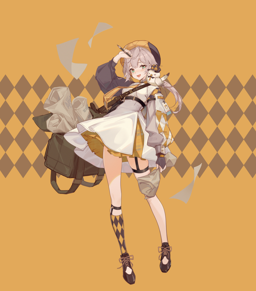 1girl absurdres animal argyle_background argyle_clothes argyle_socks arm_at_side arm_up aryarwr asymmetrical_legwear asymmetrical_sleeves bag beanie bird black_garter_straps black_hat blush breasts bridal_gauntlets brown_background brown_bag brown_hair brown_shoes brown_socks closed_eyes dress fang full_body garter_straps green_eyes hair_between_eyes hat high-waist_skirt highres holding holding_newspaper holding_pencil kneehighs legwear_garter loafers long_hair long_sleeves looking_at_animal low_ponytail medium_breasts mismatched_sleeves necktie newspaper open_mouth orange_background orange_hat orange_necktie orange_skirt orange_socks original paper patterned_clothing pencil pleated_skirt ponytail puffy_long_sleeves puffy_sleeves rolled_up_newspaper shoelaces shoes shoulder_bag simple_background single_bridal_gauntlet skin_fang skindentation skirt smile socks solo standing thigh_strap turtleneck turtleneck_dress two-tone_background two-tone_hat two-tone_socks white_dress