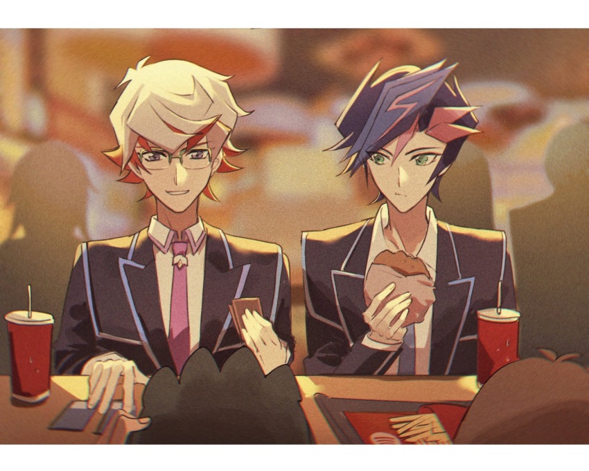 1girl 3boys bad_id bad_lofter_id black_hair black_jacket blue_hair blurry blurry_background brown_hair burger card card_game collared_shirt day drink fast_food food french_fries fujiki_yusaku glasses green_eyes grey_hair grin hand_on_own_head hand_up hands_up highres holding holding_burger holding_card holding_food homura_takeru indoors jacket looking_at_another male_focus multicolored_hair multiple_boys naoki_(2rzmcaizerails6) necktie pink_hair playing_card purple_eyes purple_necktie rectangular_eyewear red_hair restaurant school_uniform shima_naoki shirt short_hair sitting smile spiked_hair streaked_hair table upper_body yu-gi-oh! yu-gi-oh!_vrains zaizen_aoi