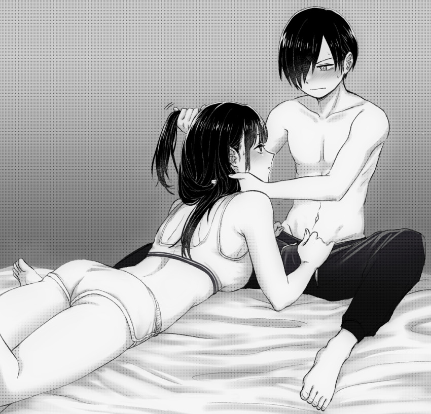1boy 1girl ass barefoot bed_sheet boku_no_kokoro_no_yabai_yatsu breasts closed_mouth clothes_pull collarbone commentary_request dolphin_shorts feet grabbing_another&#039;s_hair greyscale hand_in_another&#039;s_hair hetero holding_another&#039;s_hair ichikawa_kyoutarou large_breasts long_hair lying median_furrow monochrome narumi_(62rimi) navel on_stomach pants pants_pull pulling_another&#039;s_clothes short_hair short_shorts shorts shoulder_blades sitting sports_bra thighs topless_male yamada_anna