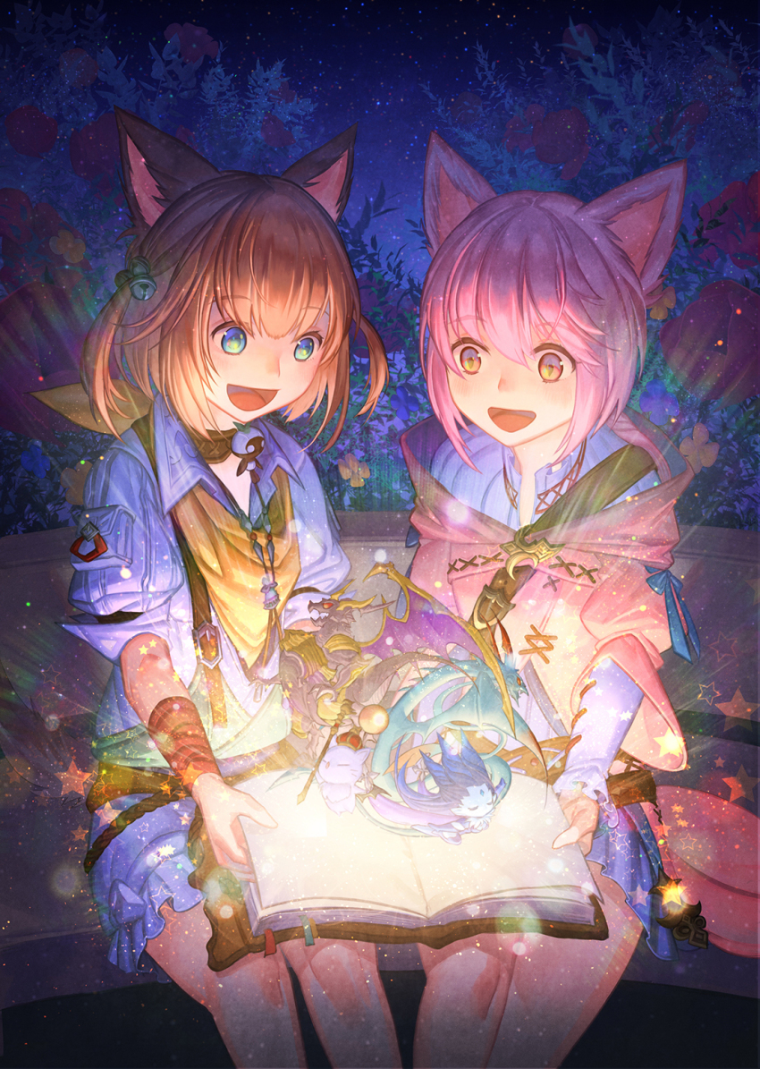 2girls animal_ears bahamut_(final_fantasy) bell blush book book_on_lap bookmark brown_hair cat_ears child choker dragon final_fantasy final_fantasy_xiv flower hair_bell hair_between_eyes hair_ornament highres holding holding_book khloe_aliapoh leviathan_(final_fantasy) light_particles light_rays miqo&#039;te moogle mt_(ringofive) multiple_girls night night_sky open_book open_mouth outdoors pink_eyes pink_hair pop-up_book red_flower shiva_(final_fantasy) sitting sky sleeves_rolled_up smile star_(sky) star_(symbol) starry_sky t&#039;kebbe tongue