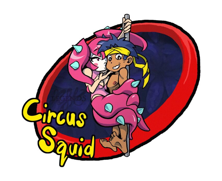 1boy 1girl bolo_(shantae) chibi circus_squid_(shantae) clothed_sex clown femdom hetero highres legendsnjk monster_girl pole sex shantae_(series) spikes stripper_pole suspension tentacles twintails