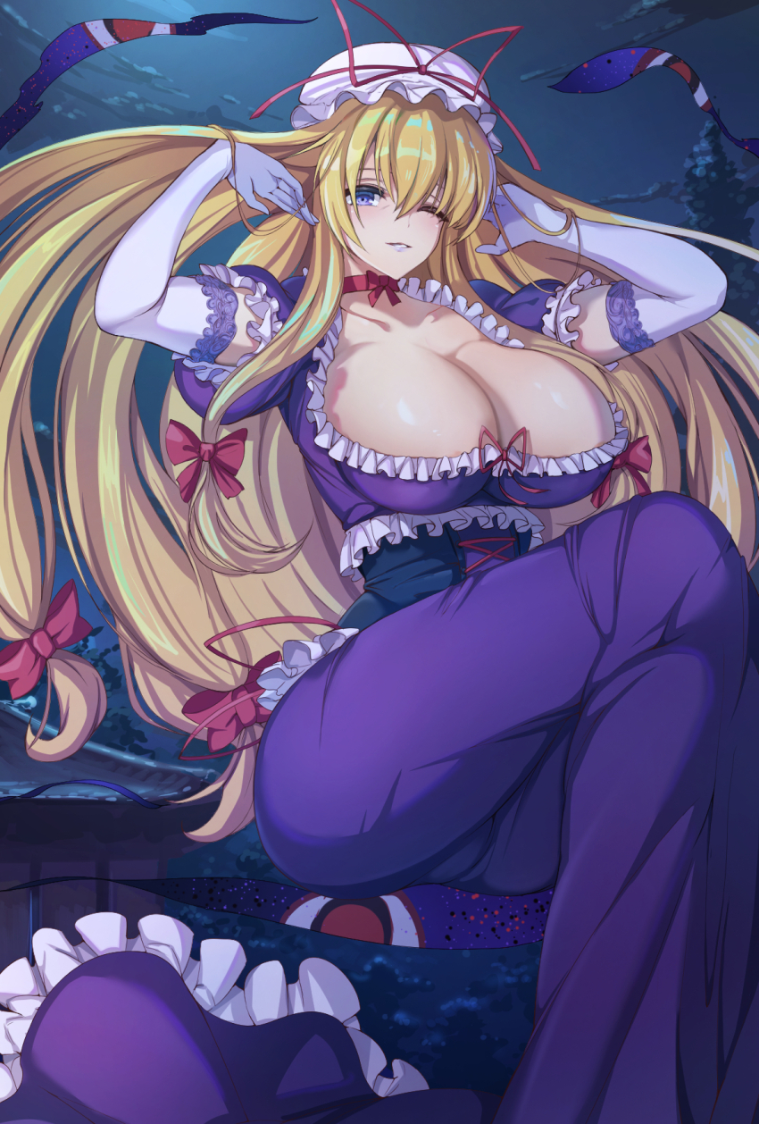 1girl blonde_hair blue_eyes breasts choker cleavage dai_toro dress elbow_gloves gap_(touhou) gloves hat highres large_breasts long_hair mob_cap purple_dress ribbon touhou white_gloves yakumo_yukari