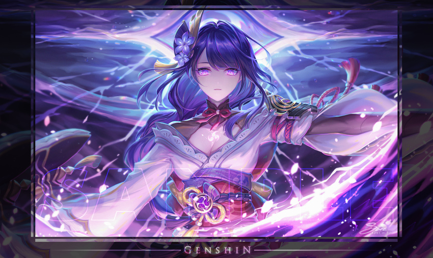 1girl arm_up armor asymmetrical_sleeves blunt_bangs braid breasts bridal_gauntlets chest_tattoo cleavage closed_mouth cloud cloudy_sky electricity genshin_impact glowing glowing_tattoo hair_ornament highres japanese_clothes kanmai_x_sou kimono large_breasts long_braid long_hair looking_at_viewer mitsudomoe_(shape) mixed-language_commentary neck_ribbon off_shoulder powering_up purple_eyes purple_kimono raiden_shogun red_ribbon red_sash ribbon sash shoulder_armor single_braid sky solo storm tattoo tomoe_(symbol) uneven_sleeves upper_body wide_sleeves