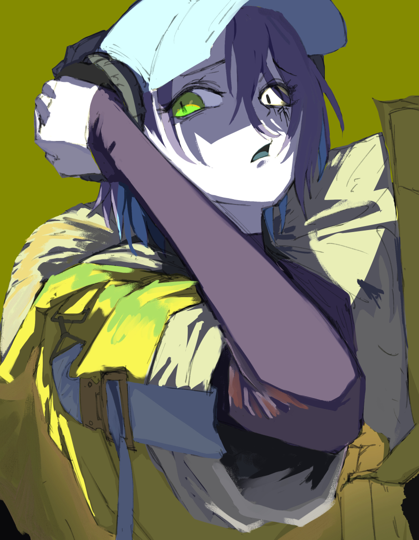 1girl absurdres arknights asbestos_(arknights) baseball_cap blue_hair coat colored_tongue commentary elbow_gloves gloves green_eyes green_tongue hair_between_eyes hat headphones headphones_over_headwear heterochromia highres jacket looking_at_viewer material_growth multicolored_hair no_eyepatch open_mouth oripathy_lesion_(arknights) purple_hair satisfy027 short_hair simple_background solo two-tone_hair upper_body white_hat yellow_background yellow_coat yellow_eyes