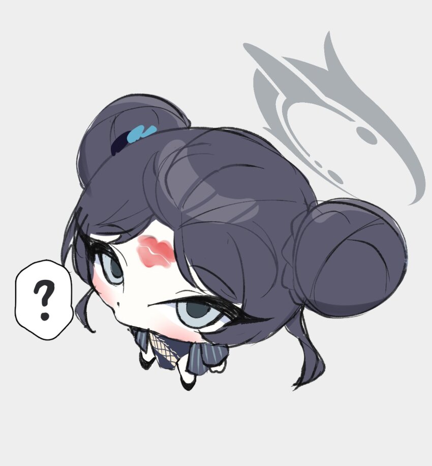 1girl ? black_dress black_hair blue_archive chibi double_bun dress from_above full_body gen_(unzzenasd) grey_background grey_eyes grey_halo hair_bun halo highres jacket kisaki_(blue_archive) lipstick_mark_on_forehead long_hair long_sleeves open_clothes open_jacket simple_background solo spoken_question_mark standing twintails